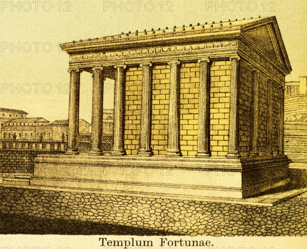 Templum Fortunae or Tempio Fortuna del giorno presente, small temple, columns, Titantic Rome, Italy, coloured historical illustration from 1882, Europe