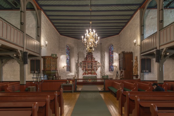 Interior of a church with chandeliers, wooden benches and wooden altar, Skedsmo Pilgrim Church, Skedsmokorset, Norway, Europe