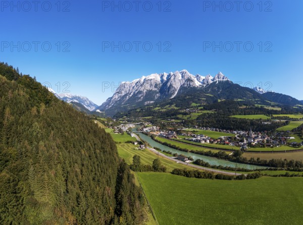 Drone shot, view of village with church, Pfarrwerfen, Tennengebirge, Salzachtal, Pongau, Salzburg province, Austria, Europe