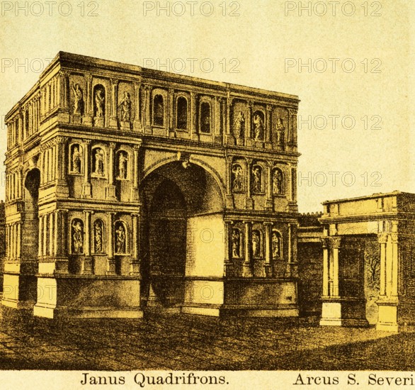 Janus Quadrifrons or Arco di Giano, Arch of Janus in the Forum Boarium, and Arcus Severi or Arco di Settimio Severo, Arch of Septimius Severus Title, Architecture, Ancient Rome, Italy, coloured historical illustration from 1882, Europe