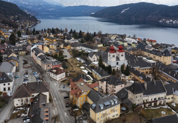 Drone shot, view of the town, Millstatt Abbey, Millstatt, Lake Millstatt, Carinthia, Austria, Europe