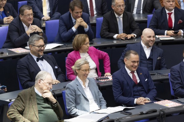 Berlin, Germany - 25 March 2025: Members of the AfD (Alternative for Germany) parliamentary group, including Alexander Gauland, Alice Weidel and Tino Chrupalla, during the constituent session of the 21st German Bundestag