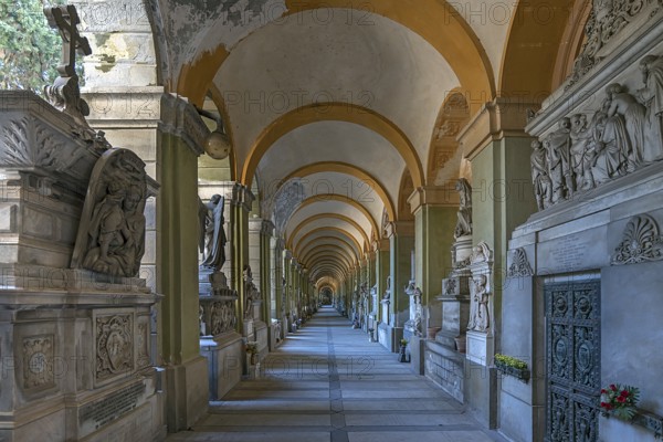 Arcade with tombs at the Monumental Cemetery, Cimitero monumentale di Staglieno), Genoa, Italy, Europe