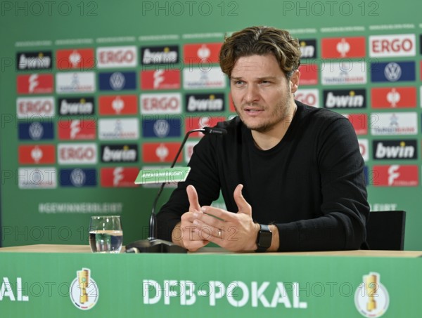Coach Edin Terzic Borussia Dortmund BVB press conference, PK, DFB Cup, Logo, MHPArena, MHP Arena Stuttgart, Baden-Württemberg, Germany, Europe