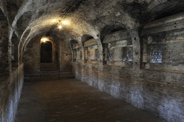 The pentagonal Fort Napoleon showing the interior of the Caponier with gun ports, Ostend, Belgium, Europe