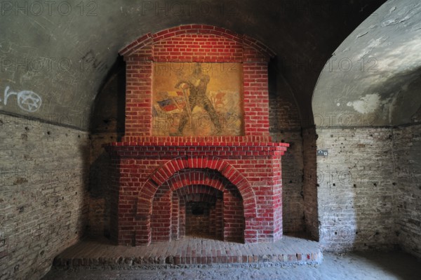 German mural The Barbarian from the First World War on the mantelpiece in Fort Napoleon in Ostend, Belgium, Europe