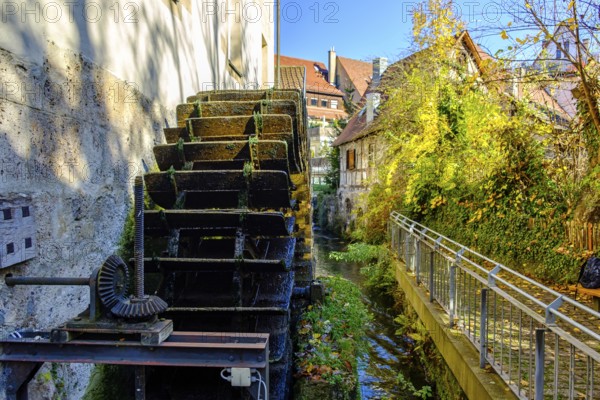 Historical mill wheel at the Klostermühle town museum, Bad Urach, Swabian Alb, Baden-Württemberg, Germany, Europe