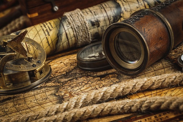 Travel geography navigation concept background, old vintage retro compass with sundial, spyglass and rope on ancient world map