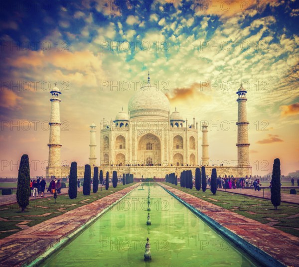 Vintage retro effect filtered hipster style image of Taj Mahal on sunrise sunset, Indian Symbol, India travel background. Agra, Uttar Pradesh, India, Asia