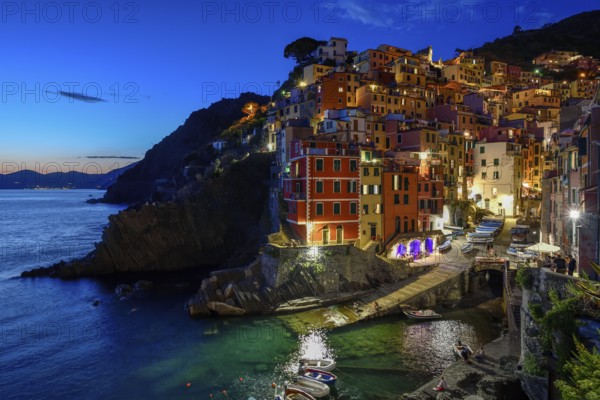 Fishing village of Riomaggiore, blue hour, Cinque Terre, province of La Spezia, Liguria, Italy, Europe