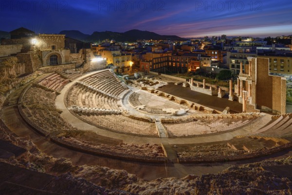 Teatro Romano, blue hour, Roman amphitheater, in the old town of Cartagena, Murcia region, Spain, Europe