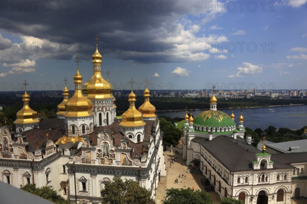 Ukraine, Kiev, View from the bell tower to the monastery complex of the Kiev Cave Monastery, Holy Mary Ascension Monastery, Pecherskaya Lavra, the river Dnieper and the city of Kiev, Kiev, Ukraine, Europe