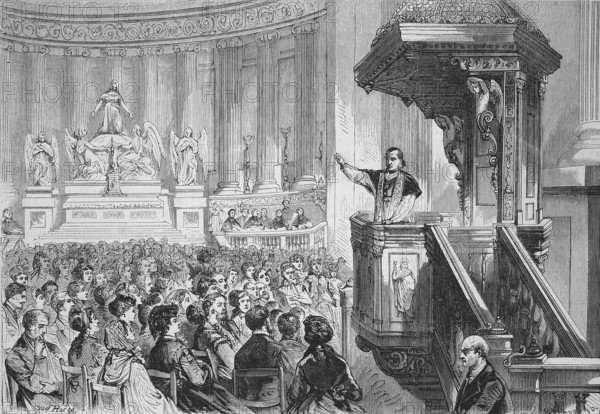 Monsignor farmer preaching from the pulpit in the Church of St. Mary Magdalene, La Madeleine, Sainte-Marie-Madeleine, St. Mary Magdalene, Paris, France, 1869, Historical, digitally restored reproduction of a 19th century original, Europe