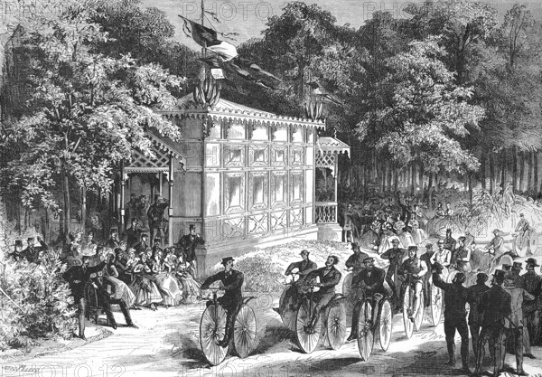 A Velocipedes race at the 1867 World's Fair in Paris, Michaux bike, pedal crank bike, bicycle, France, Historic, digitally restored reproduction of an original 19th century artwork, exact original date unknown, Europe