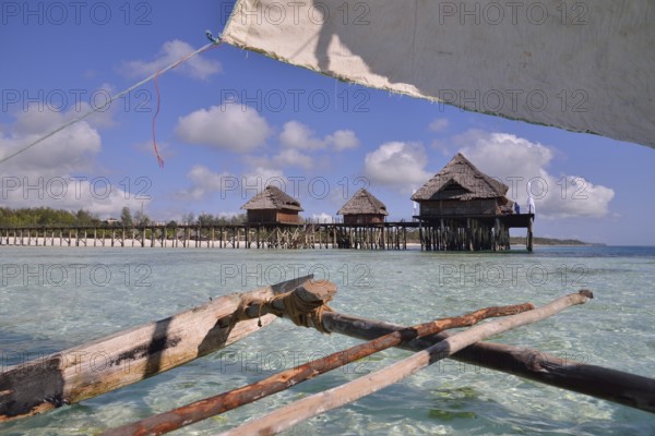 View from a dhow onto a jetty, Dongwe Beach, Dongwe, Zanzibar, Tanzania, Africa