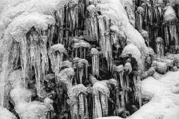 Icicles on the rock face at Skogafoss waterfall, black and white photo, Sudurland, Iceland, Europe