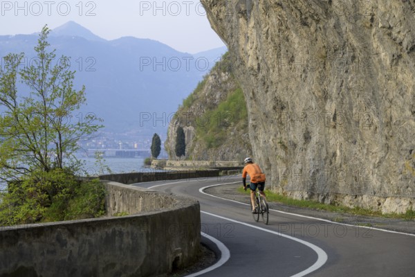 Beautiful cycle path along the eastern shore of Lake Iseo, Pisogne, Province of Brescia, Italy, Europe