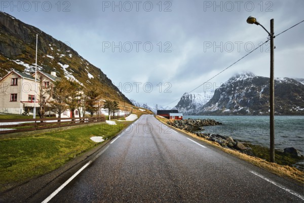 Road in Norwegian fjord. Lofoten islands, Norway, Europe