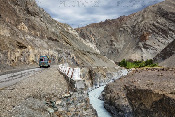 Indian lorry truck on NH-1 (Srinagar Leh national highway) in Himalayas. Ladakh, India, Asia