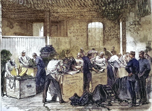 Workers at Woolwich Arsenal prepare to equip the cavalry for the Abyssinia Expedition, 1869, England, Historic, digitally restored reproduction of a 19th century original, exact original date unknown