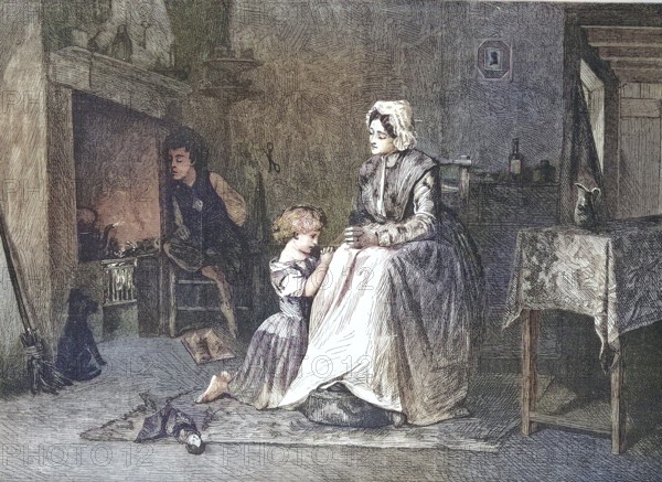 Evening Prayer, Girl prays with her mother in the evening in front of going to bed, 1869, Germany, Historic, digitally restored reproduction of an original 19th century original, exact original date unknown, Europe