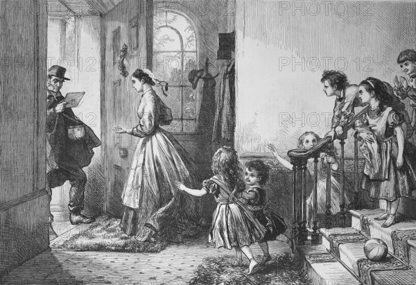 The arrival of the postman at the chateau, the family impatiently awaits a letter, 1869, France, Historic, digitally restored reproduction of a 19th century original, Europe