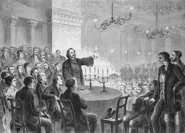 Johannes Ronge (16 October 1813) (26 October 1887) was a German Catholic priest who criticised the cult of relics in the Roman Catholic Church, speaking at a conference in Vienna, 1869, Austria, Historic, digitally restored reproduction of an original 19th century original, exact original date not known, Europe