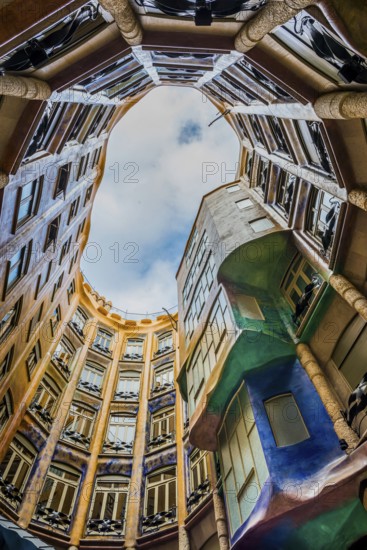 Inner courtyard of Casa Milà by Gaudi in Barcelona, Spain, Europe