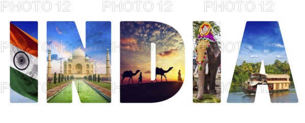 Travel Indica concept background, India text with indian tourist attractions iconic images on letters