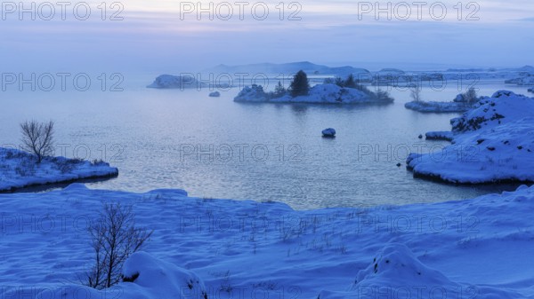 Snow-covered with bushes small island in Lake Myvatn, at blue hour, Kalfaströnd, Northern Iceland Eyestra, Iceland, Europe