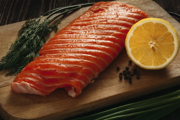 Fresh salmon piece on wooden cooking board with vegetables