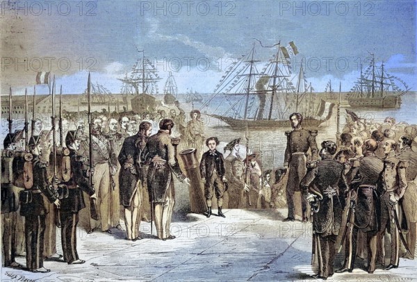 Voyage of the Imperial Prince Crown Prince Napoleon Eugene Louis Jean Joseph Bonaparte (16 March 1856 to 1 June 1879) to Cherbourg, the Prince coming off the yacht La Reine, 1869, France, Historic, digitally restored reproduction of a 19th century original, Europe