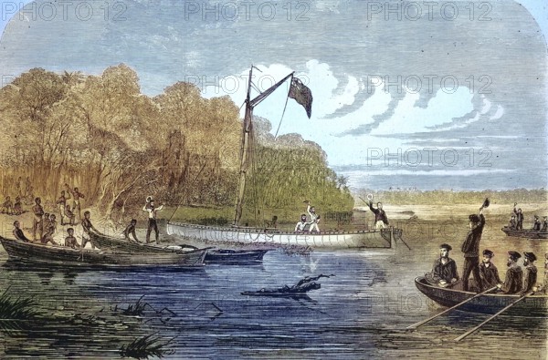 Exploration in search of Dr livingstone, in southern Africa, Henry Morton Stanley sent out by James Bennett in New York to find the traveller who had been thought missing since 1869, Historical, digitally restored reproduction of a 19th century original, exact original date unknown