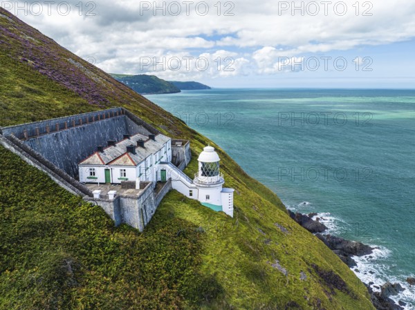 The Lighthouse Keepers Cottage from a drone, Countisbury, Lynton, North Devon, England, United Kingdom, Europe