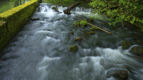 Flowing river Aufsess in front of a mill, Doos, Upper Franconia, Bavaria, Germany, Europe
