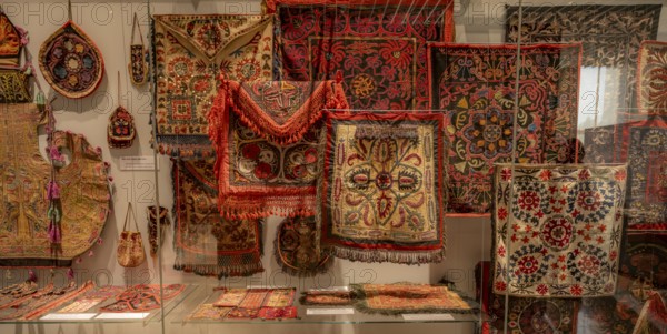 Traditional carpet with pattern, exhibition in the State History Museum, interior view, Bishkek, Kyrgyzstan, Asia
