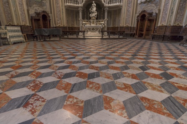 Mosaic floor in front of the altar in the church of San Filippo Neri, built in 1749, Via Lomellini, Genoa, Italy, Europe