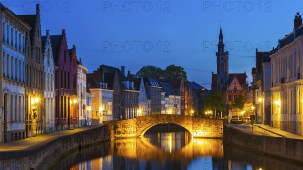 Panorama of Bruges (Brugge) canal in the evening twilight, Belgium, Europe