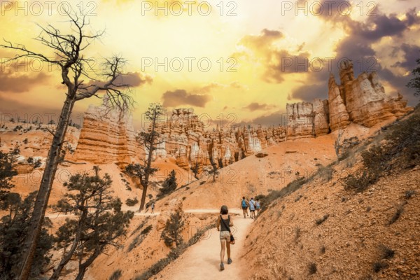A young woman started the trail from below the Navajo Loop Trail in Bryce National Park, Utah. United States