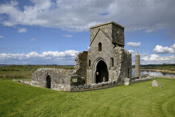St Mary's Augustinian Priory, Augustinian Monastery of St Mary, Devenish Island, Lough Erne, Fermanagh County, Northern Ireland, United Kingdom, Europe