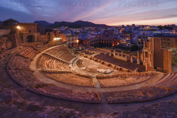 Teatro Romano, blue hour, Roman amphitheater, in the old town of Cartagena, Murcia region, Spain, Europe