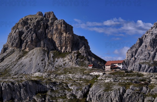 View of the Dreizinnen Hut, South Tyrol, Trentino, Sesto Dolomites, Italy, Europe