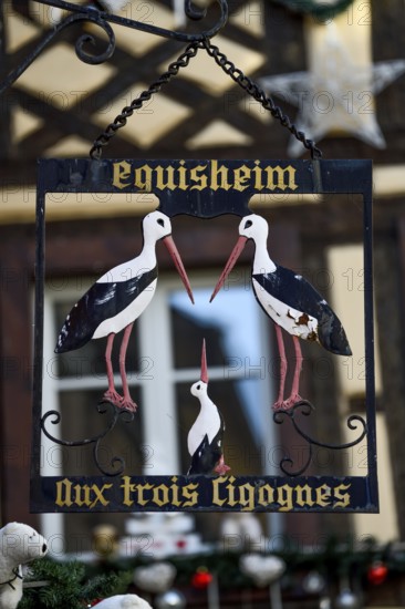 Sign at the restaurant Aux Trois Cigognes, Eguisheim, Département Haut-Rhin, Region Grand Est, Alsace, France, Europe