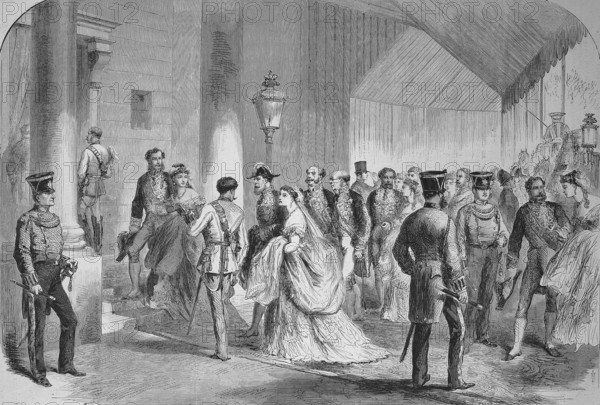 Members of the English High Nobility Bidding Farewell to Their British Majesties Before Their Departure to the Continent, 1869, Historic, digitally restored reproduction of a 19th century original
