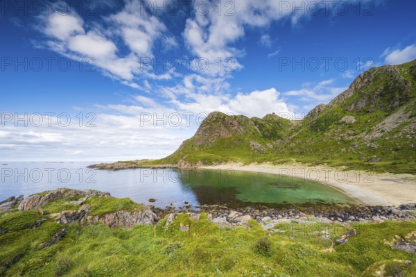 Sandy beach beach in bay with mountains, Skipssanden, near Stø, Dronningruta hike, Langøya Island, Vesterålen, Northern Norway, Norway, Europe