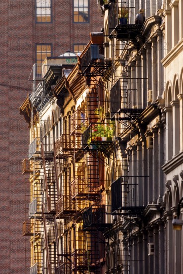 Historic buildings with fire escapes, Broadway, Manhattan, New York City, USA, North America