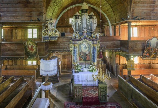 View of the altar in the Lutheran wooden church (Unesco World Heritage Site), Hronsek, Banskobystrický kraj, Slovakia, Europe