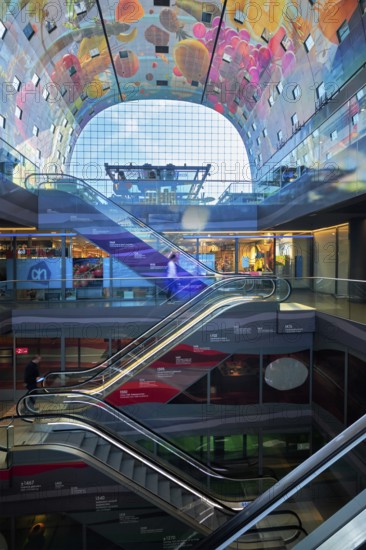 ROTTERDAM, THE NETHERLANDS, MAY 11, 2017: Interior view of the Market Hall (Markthaal) residential and office building with market hall inside designed by famous architects MVRDV