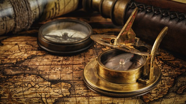 Travel geography navigation concept background, panorama of old vintage retro compass with sundial, spyglass and rope on ancient world map