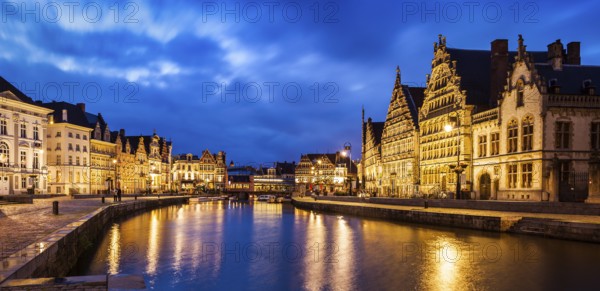 Panorama of Ghent canal, Graslei and Korenlei streets in twlight the evening. Ghent, Belgium, Europe